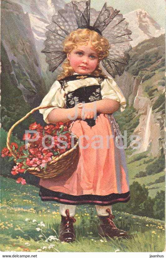 girl - children - illustration - folk costumes - Novolito 671/1 - old postcard - used - JH Postcards