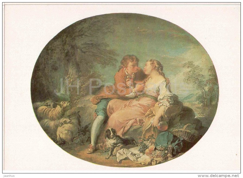 painting by François Boucher - Pastoral Scene - man and woman - sheep - dog - grape - french art - unused - JH Postcards