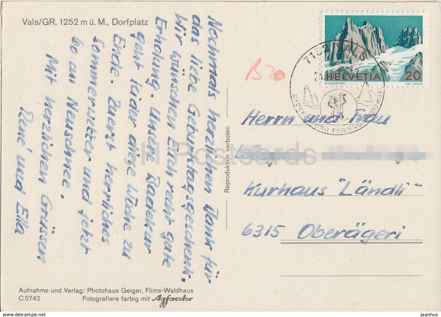 Vals 1252 m - Dorfplatz - 5742 - 1972 - Switzerland - used