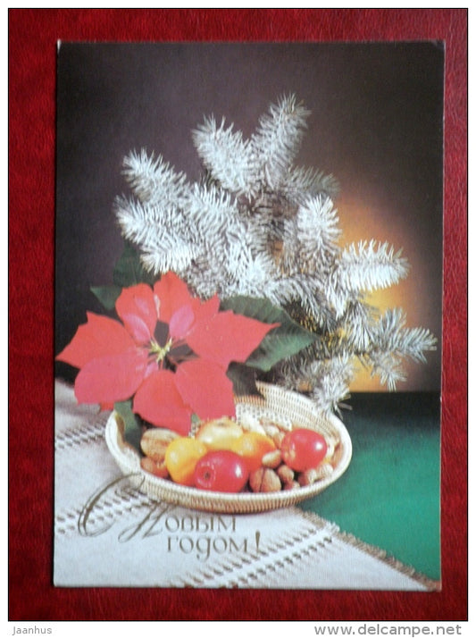 New Year greeting card - apples - nuts - flowers - 1989 - Russia USSR - unused - JH Postcards