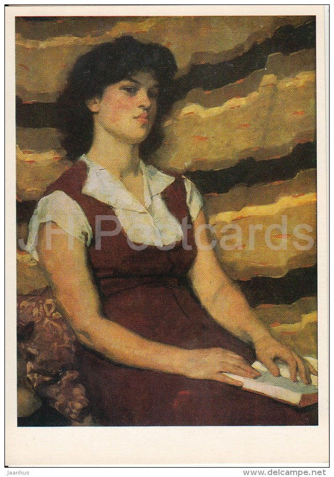 painting by V. Oreshnikov - Young Woman with the Book , 1955 - Russian art - 1986 - Russia USSR - unused - JH Postcards