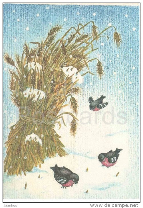 New Year Greeting card by L. Kangur - birds - bullfinch - rye - 1987 - Estonia USSR - used - JH Postcards