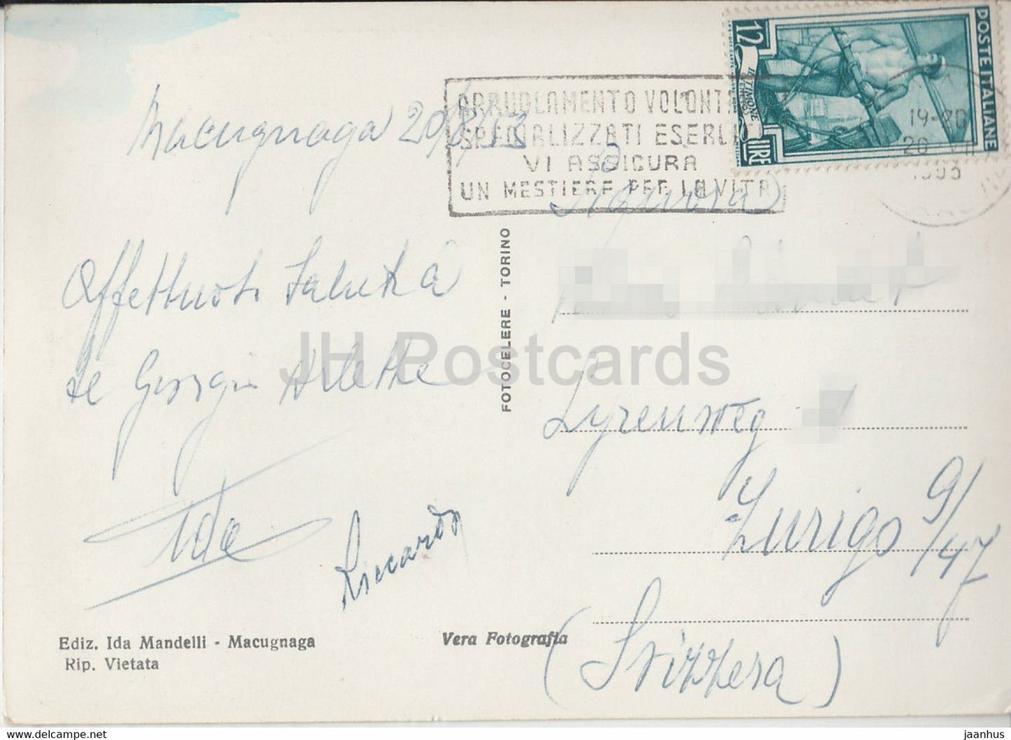 Macugnaga 1327 m - Piazza Municipio - Auto - Bus - alte Postkarte - 1953 - Italien - gebraucht