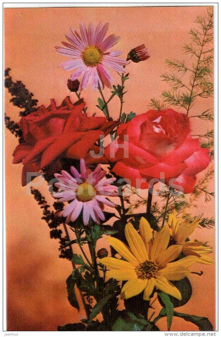 flowers composition - red roses - 1975 - Russia USSR - unused - JH Postcards