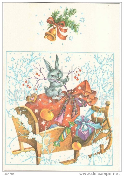 New Year Greeting card by V. Stanishevskaya - sledge - hare - sleigh bell - 1987 - Estonia USSR - used - JH Postcards