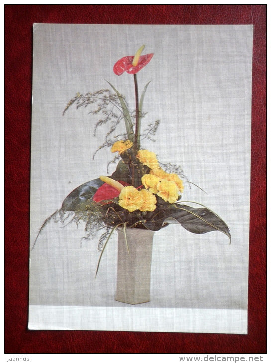 Greeting card - composition yellow carnations - flowers - 1987 - Estonia USSR - used - JH Postcards