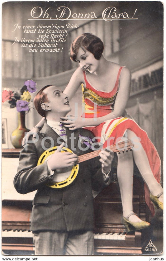 Oh Donna Clara - couple - woman and man - banjo - piano - PH 6629/1 - old postcard - Germany - used - JH Postcards