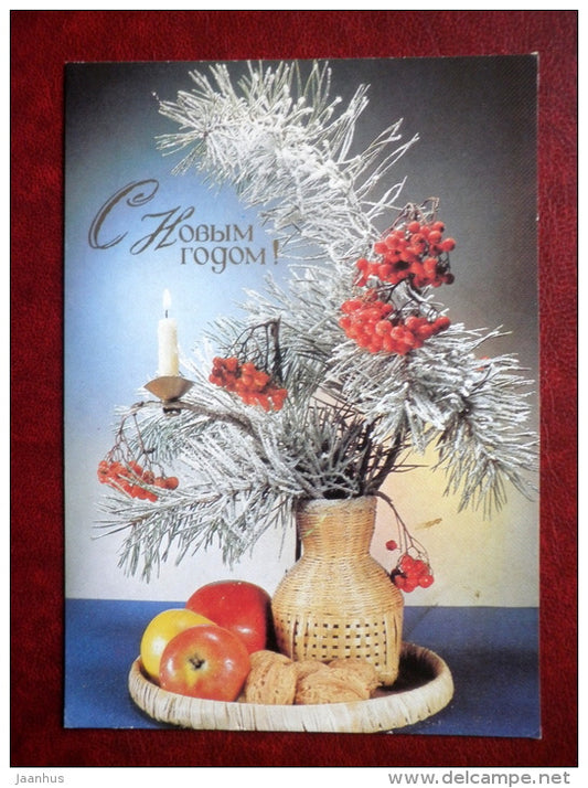 New Year greeting card - apples - rowan berries - nuts - candle - 1989 - Russia USSR - used - JH Postcards