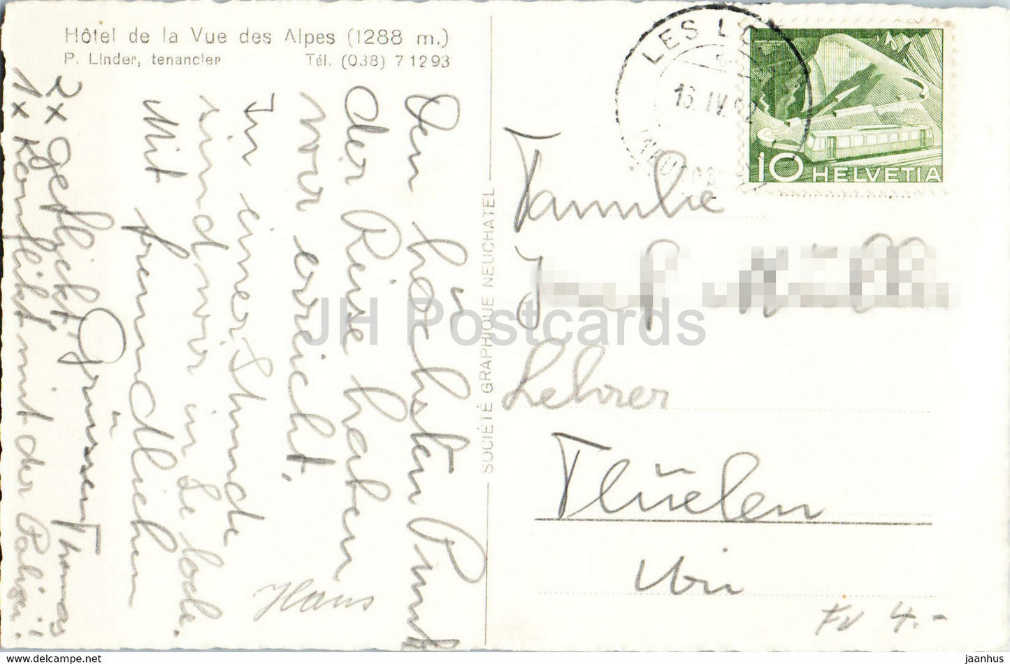 Vue des Alpes 1288 m - hotel De La Vue des Alpes - old postcard - Switzerland - used