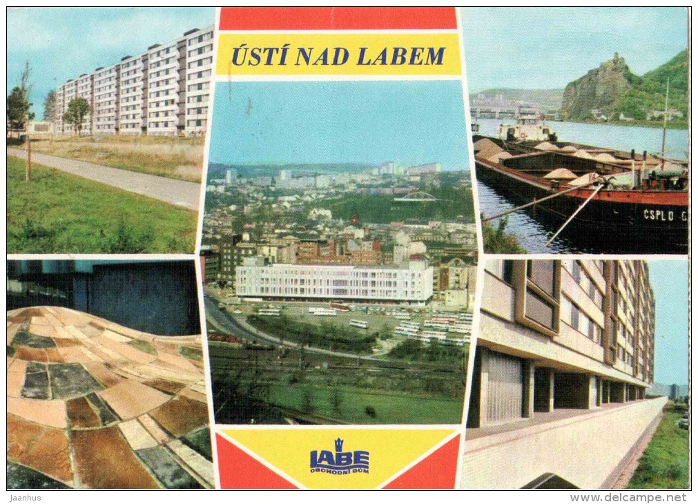 store - housing estate Severni Terasa - panorama - castle Strekov - Usti nad Labem - Czechoslovakia - Czech - used 1975 - JH Postcards