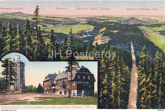 Aussichtsturm u Unterkunftshaus auf dem Auersberg - Erzgeb 1020 m - 2417 - old postcard - Germany - unused - JH Postcards