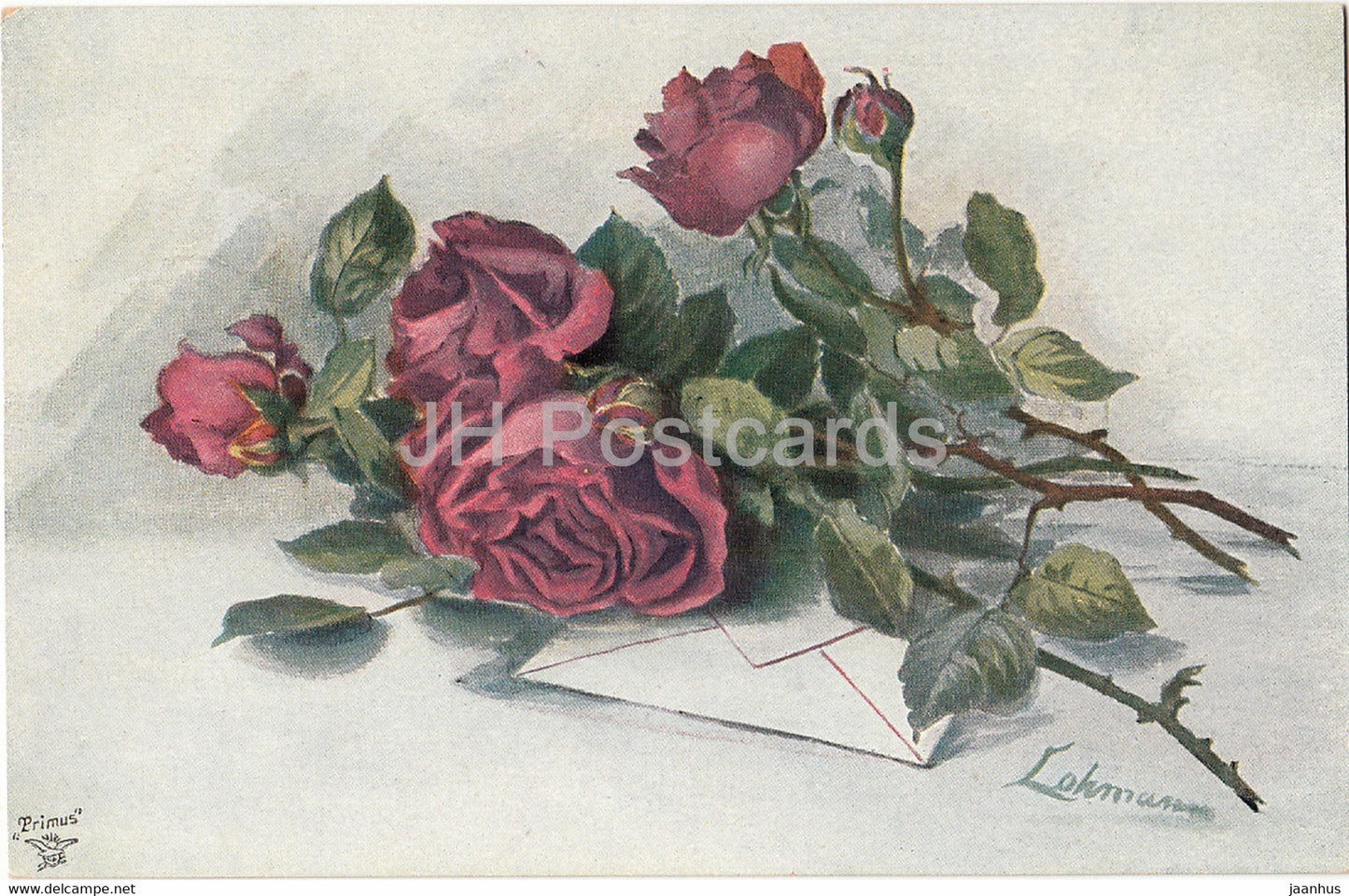 red roses - letter - illustration by Lohmann - Primus 1231 - old postcard - Germany - unused - JH Postcards