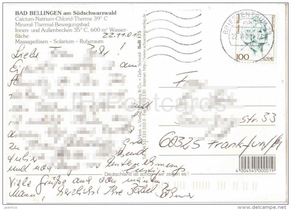 Bad Bellingen am Südschwarzwald - St. Leodegar - Rathaus - Kurpark - Kurhaus - Innenbecken - Germany - 2001 gelaufen - JH Postcards