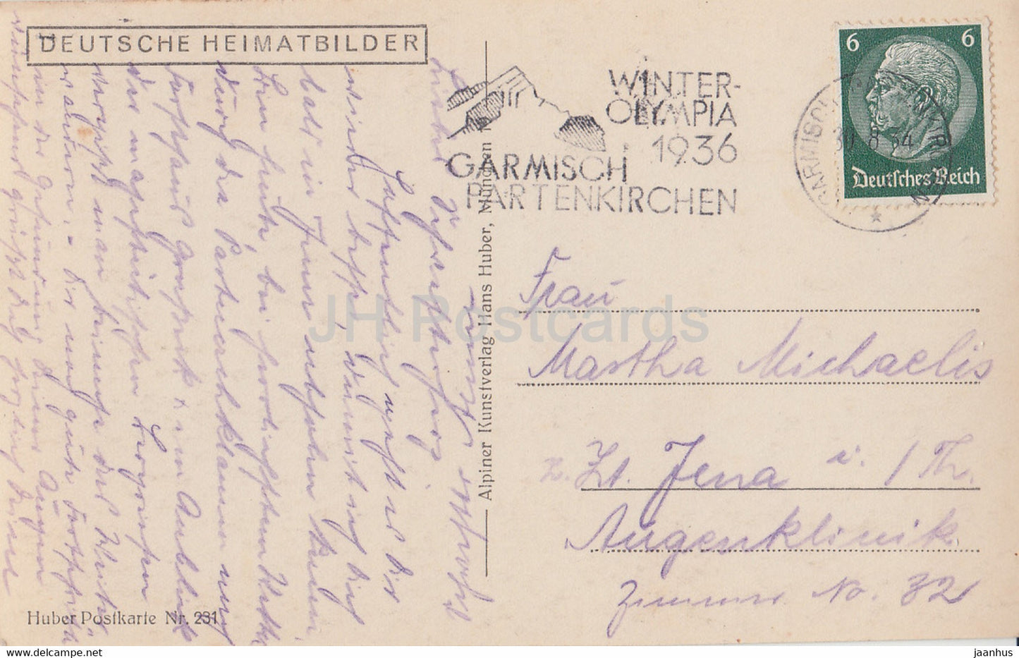 Garmisch - Frühlingsstr. m Zugspitze - Alpspitze - Waxenstein - Winterolympia - 231 - alte Postkarte - 1936 - Deutschland - gebraucht