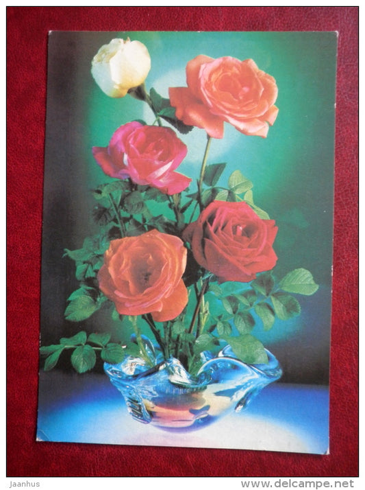 Greeting Card - red and white roses - flowers - 1984 - Russia USSR - used - JH Postcards