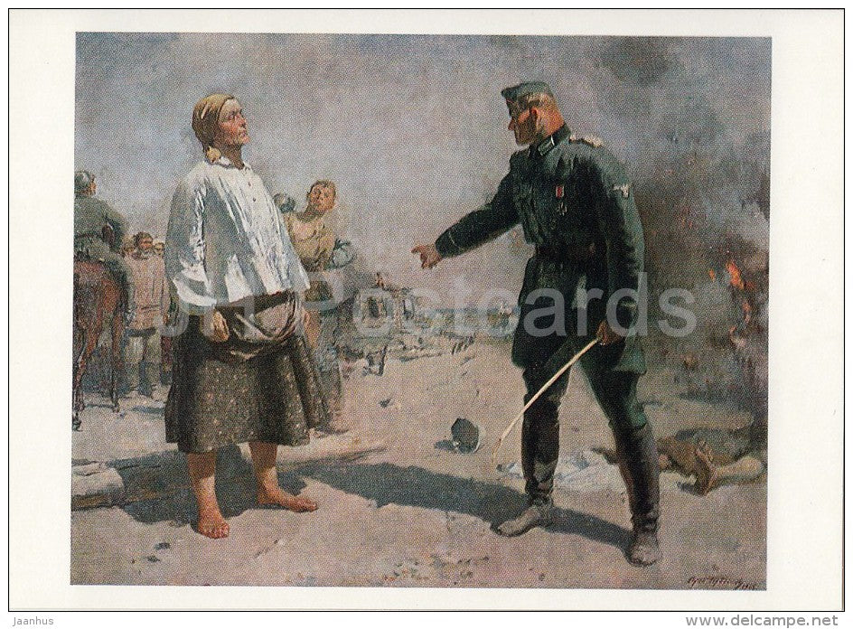 painting by S. Gerasimov - Partisan´s Wife , 1943 - nazi officer - Russian art - 1985 - Russia USSR - unused - JH Postcards