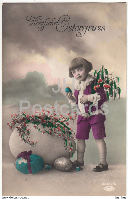 Easter Greeting Card - Herzlichen Ostergruss - girl - eggs - flowers - 35517/5 - old postcard - 1925 - Germany - used - JH Postcards