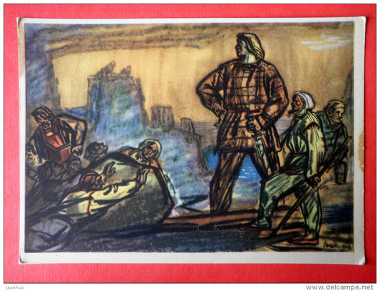 illustration by E. Okas - Building a Castle - Kalevipoeg - Estonian national epic poem - 1961 - Estonia USSR - unused - JH Postcards