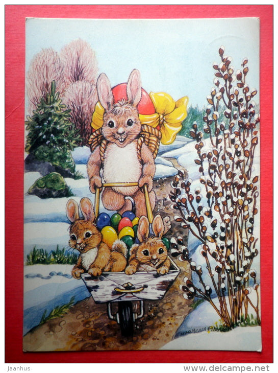 Easter Greeting Card by Marjaliisa Pitkäranta - eggs - hare - Finland - sent from Finland Turku to Estonia USSR 1985 - JH Postcards