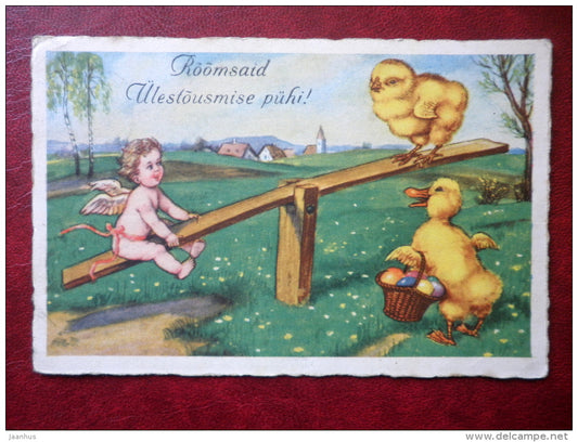 Easter Greeting Card - angel - chicken - duck - swing - WSSB 8007 - circulated in Estonia 1931 , Aegviidu - used - JH Postcards