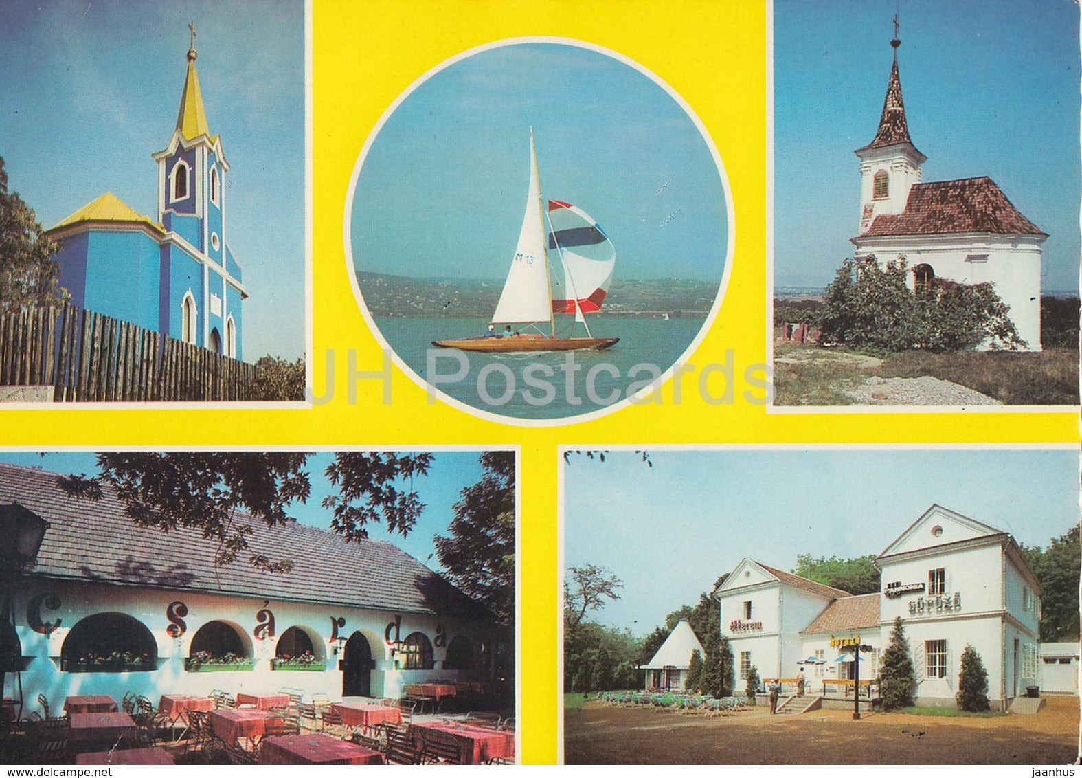 Boglarlelle - sailing boat - church - street - multiview - 1988 - Hungary - used - JH Postcards