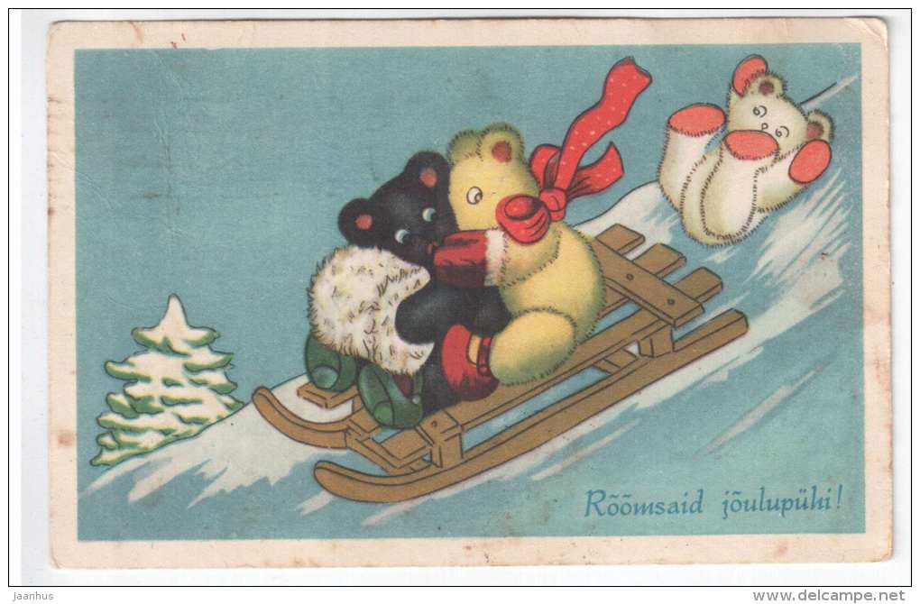 christmas greeting card - sledge - bear - old postcard - circulated in Estonia  1937 , Tallinn - used - JH Postcards