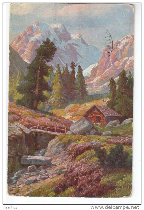 illustration - mountain , house - Peluba 288 - old postcard - circulated in Estonia 1928 , Tartu Tallinn - used - JH Postcards