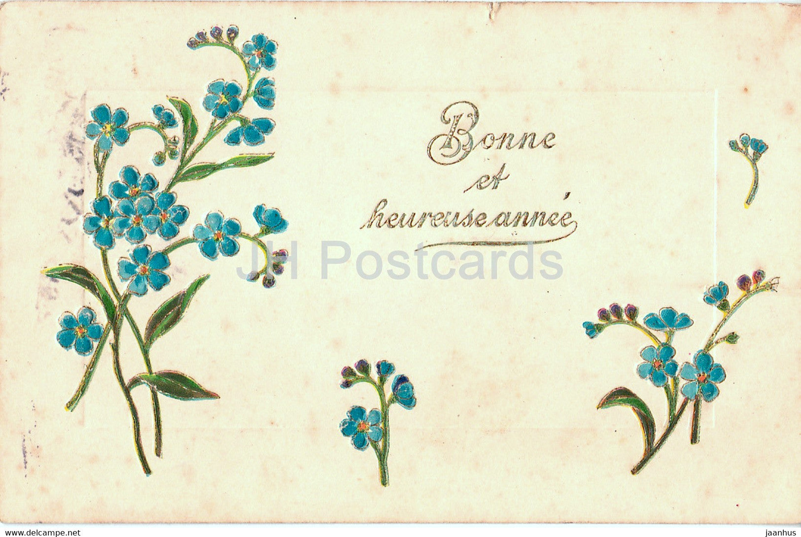 Birthday Greeting Card - Bonne et heureuse annee - blue flowers - illustration - old postcard - France - used - JH Postcards