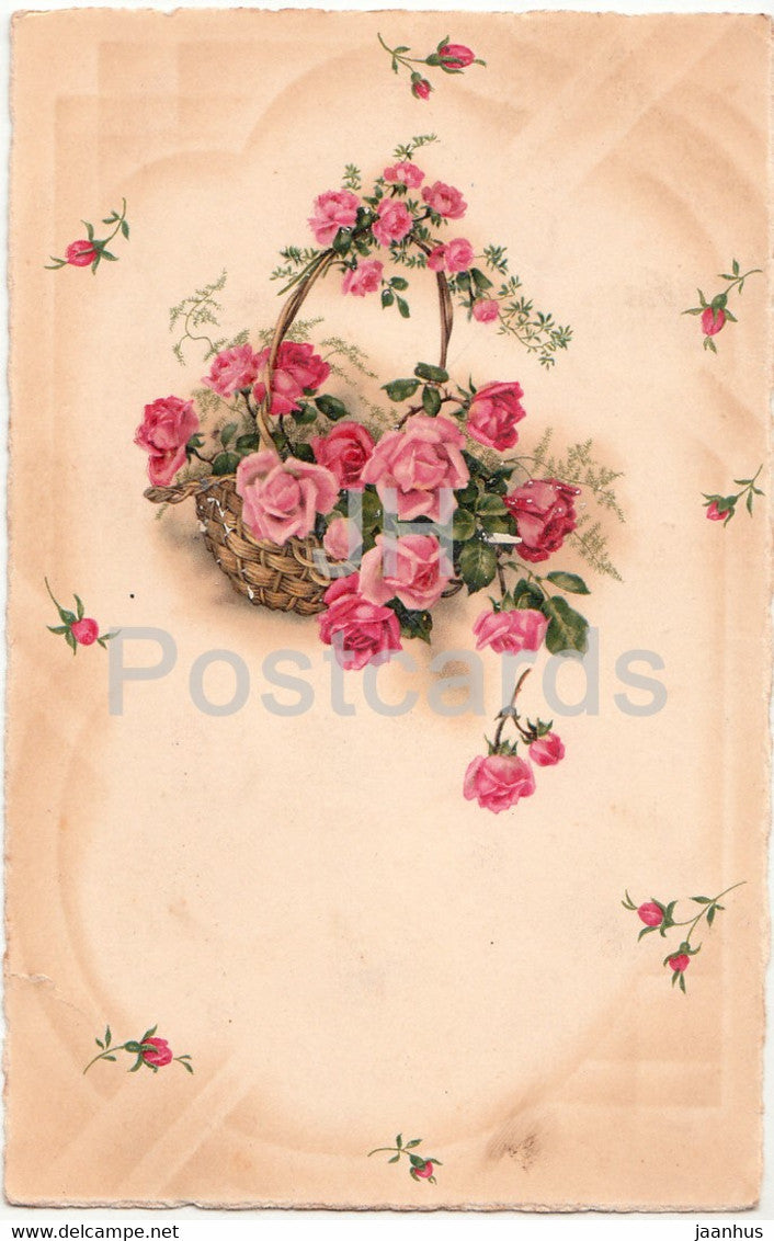 pink roses in a basket - flowers - illustration - Pittius 1019 - old postcard - France - used - JH Postcards