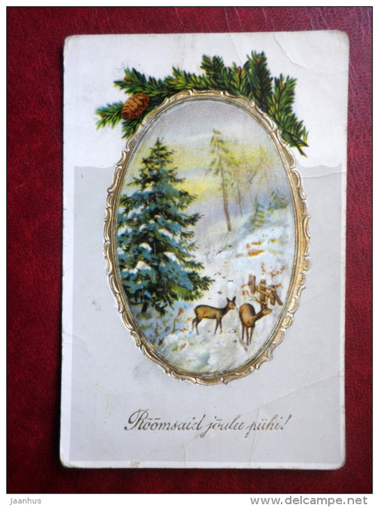 Christmas Greeting Card - deers - winter - fir - HMB SER 2801 - circulated in Estonia 1925 , Lelle - Estonia - used - JH Postcards