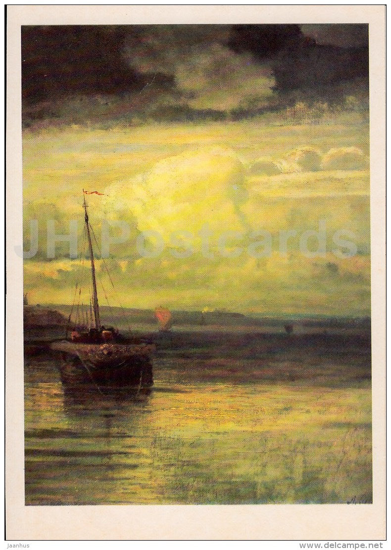 painting by A. Savrasov - Volga River - sailing boat - Russian art - 1986 - Russia USSR - unused - JH Postcards
