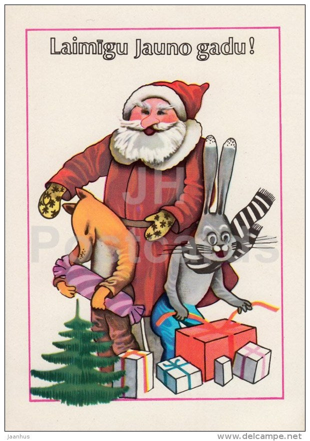 New Year greeting card by M. Dragune - Santa Claus - gifts - hare - fox - illustration - 1980 - Latvia USSR - used - JH Postcards