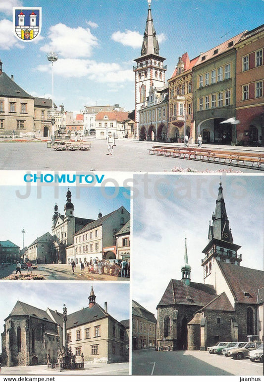 Chomutov - square - church - town hall - Czechoslovakia - Czech Republic - used - JH Postcards