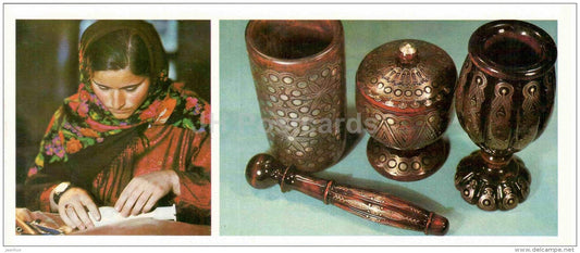 a design is born - Mortar and Pestle - Sugar Basin - vase - Arts and Crafts of Dagestan - 1981 - Russia USSR - unused - JH Postcards