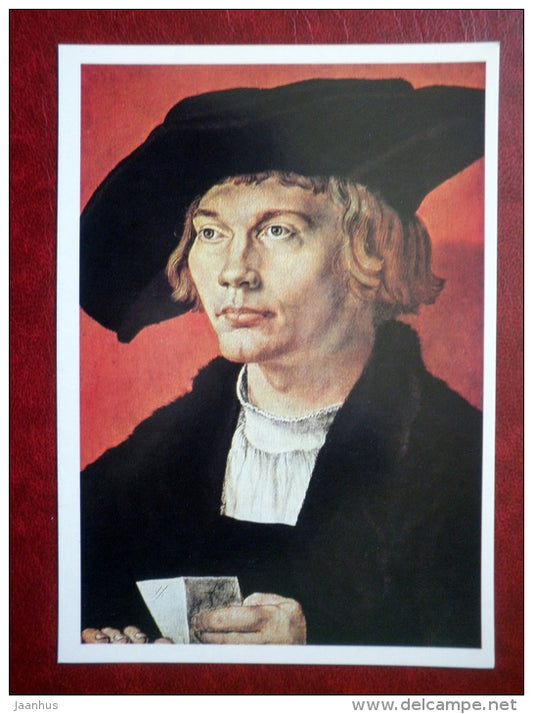 painting by Albrecht Dürer , portrait of a young man , 1521 - german art - unused - JH Postcards