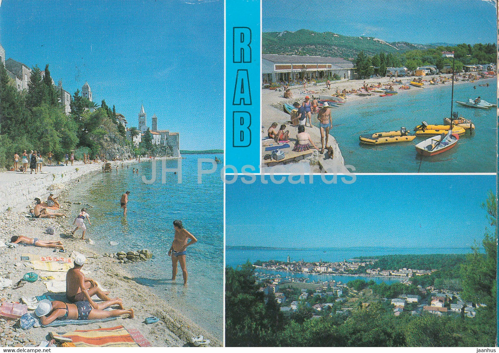 Rab - beach - boat - general view - multiview - 1989 - Yugoslavia - Croatia - used - JH Postcards