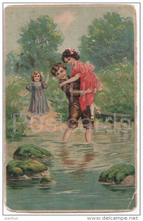 illustration - children - boy - girls - G.G.K. 389 - old postcard - used - JH Postcards