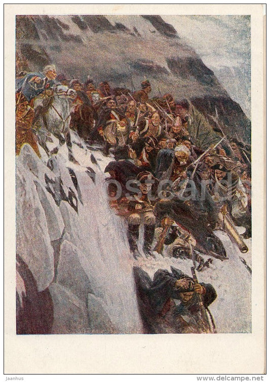 painting by V. Surikov - Suvorov crossing through the Alps - Russian art - 1950 - Russia USSR - unused - JH Postcards