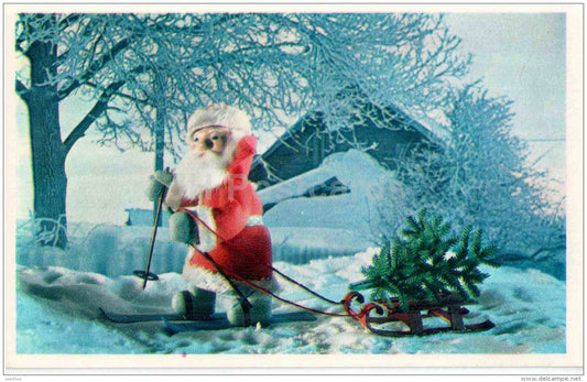 New Year Greeting Card - Ded Moroz - Santa Claus - sledge - fir tree - 1977 - Russia USSR - unused - JH Postcards