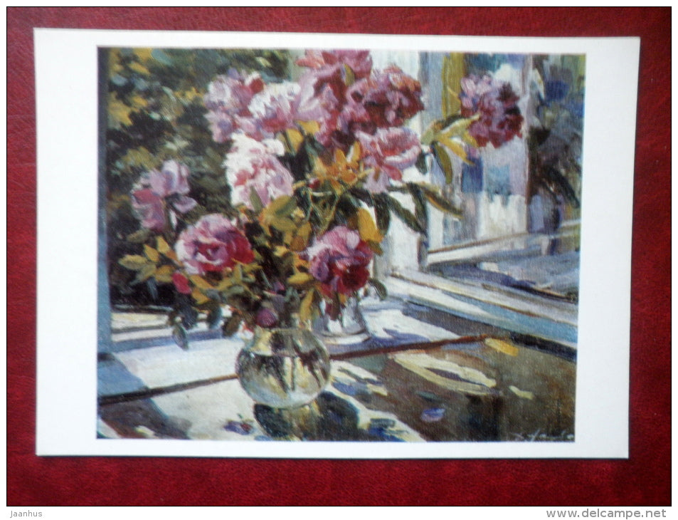 painting by Dmitry Nalbandian - Peonies , 1978 - flowers - russian art - unused - JH Postcards