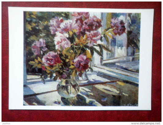 painting by Dmitry Nalbandian - Peonies , 1978 - flowers - russian art - unused - JH Postcards