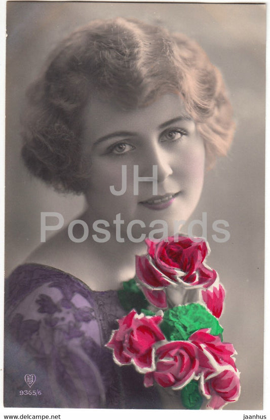 woman - roses - flowers - HB 9365/6 - old postcard - used - JH Postcards