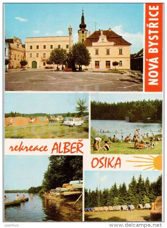 Nova Bystrice - town square - camping area - beach - Czechoslovakia - Czech - unused - JH Postcards