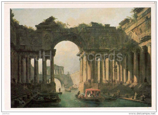 painting by Hubert Robert - Architectural landscape with Channel - boat - french art - unused - JH Postcards