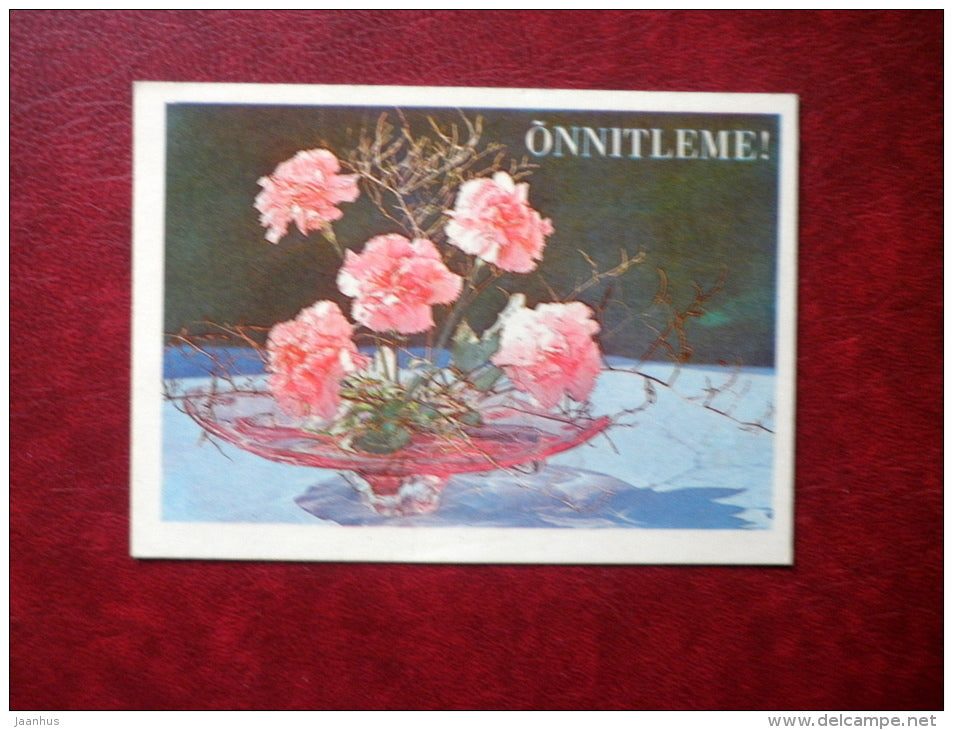 Mini Greeting card - pink carnations - flowers - 1980 - Estonia USSR - unused - JH Postcards