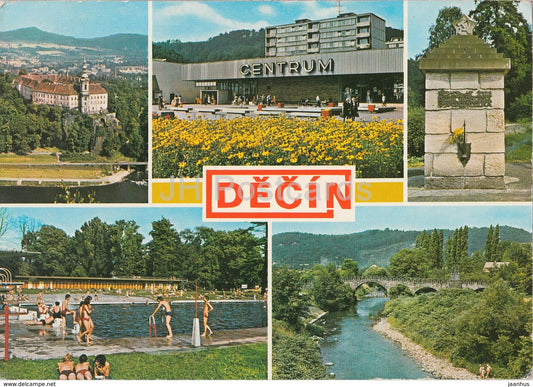 Decin - castle - shopping center - monument to Red Army - pool multiview - Czechoslovakia - Czech Republic - used - JH Postcards