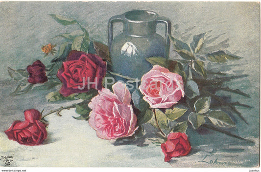 roses - vase- illustration by Lohmann - Primus 1231 - old postcard - Germany - unused - JH Postcards