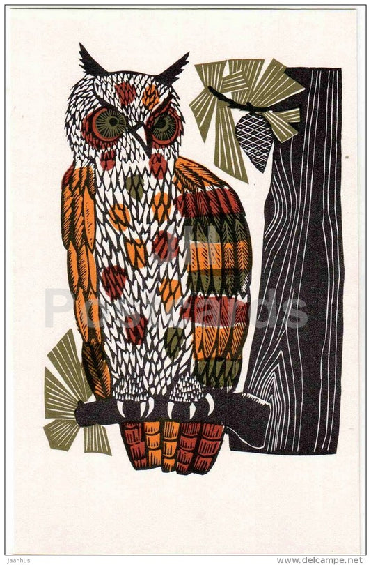 Owl - illustration by V. Penzin - Decorative Birds and Animals - 1972 - Russia USSR - unused - JH Postcards