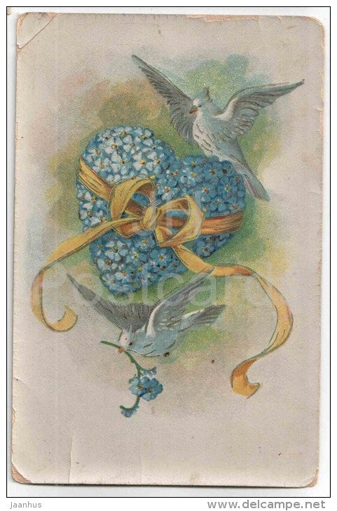 illustration - doves - birds - heart - flowers - 2300 - old postcard - circulated in Estonia - JH Postcards