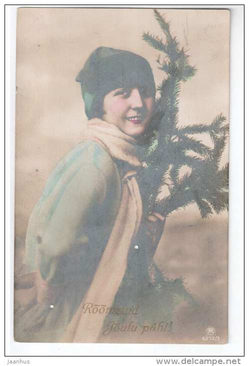 christmas greeting card - lady in winter clothing - RPH 6272/3 - old postcard - circulated in Estonia 1923 - used - JH Postcards